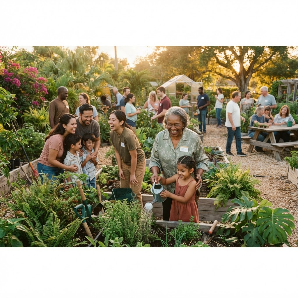 Families and volunteers gathered together outdoors